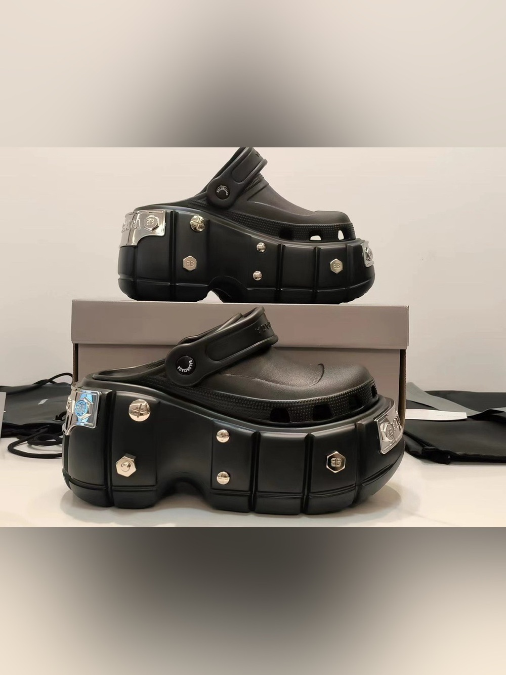 Chunky Black Platform Clog Sandals with Silver Stud Accents